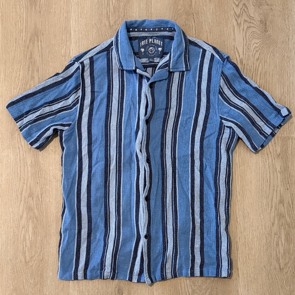 Free Planet Men's Blue and Black Striped Shirt